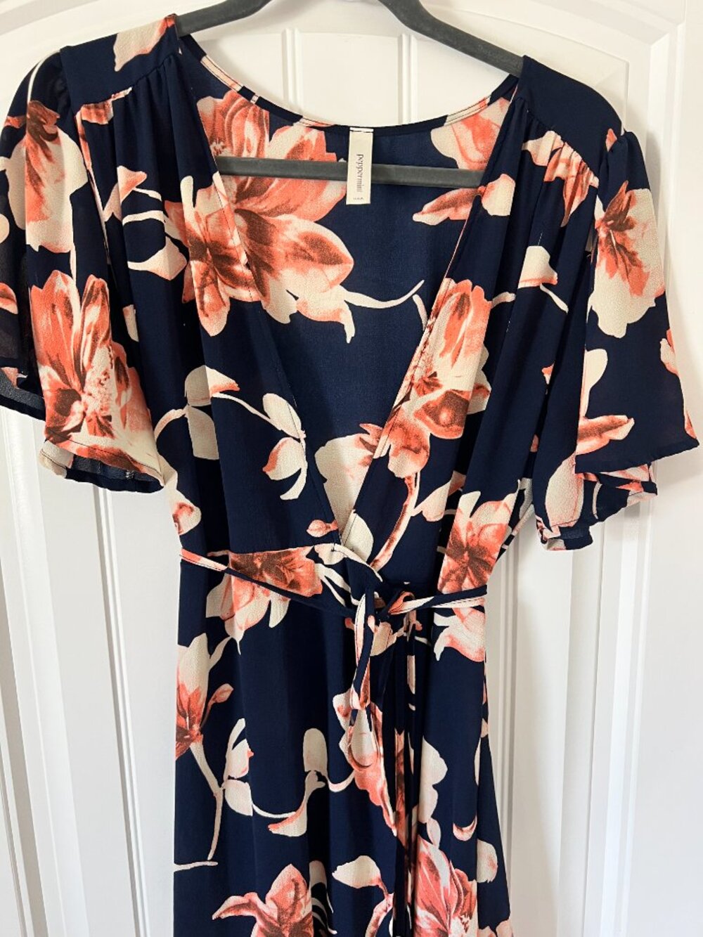 Peppermint Navy Coral Floral High-Low‎ Wrap Maxi Dress L Flutter Sleeve - Picture 5 of 16